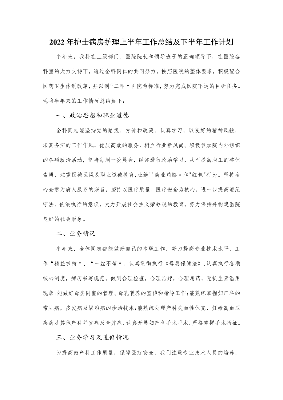 2022年护士病房护理上半年工作总结及下半年工作计划.docx_第1页