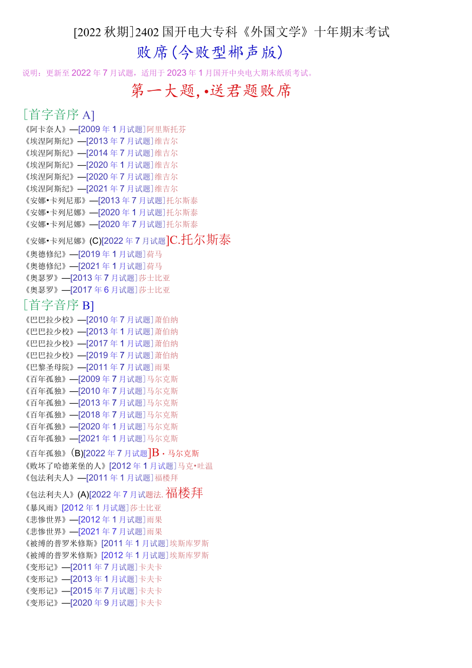 [2022秋期]2402国开电大专科《外国文学》十年期末考试题库(分题型排序版).docx_第1页