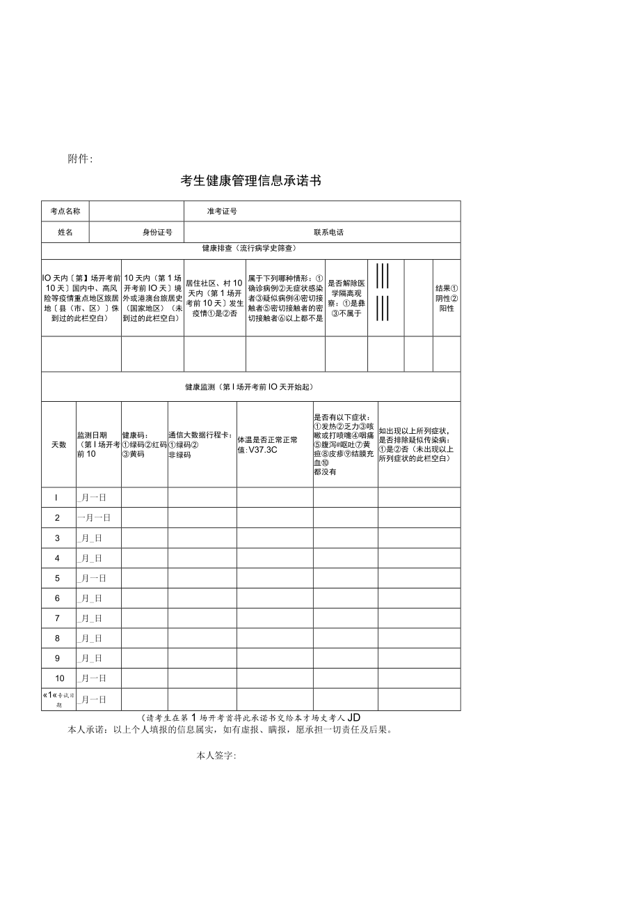 中央机关及其直属机构2023年度考试录用公务员河南考区考生健康管理信息承诺书.docx_第1页