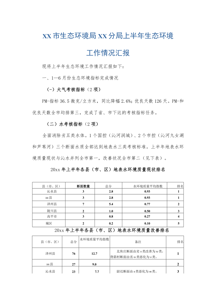 xx市生态环境局xx分局上半年生态环境工作情况汇报.docx_第1页