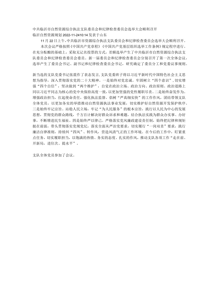 中共临沂市自然资源综合执法支队委员会和纪律检查委员会选举大会顺利召开.docx_第1页