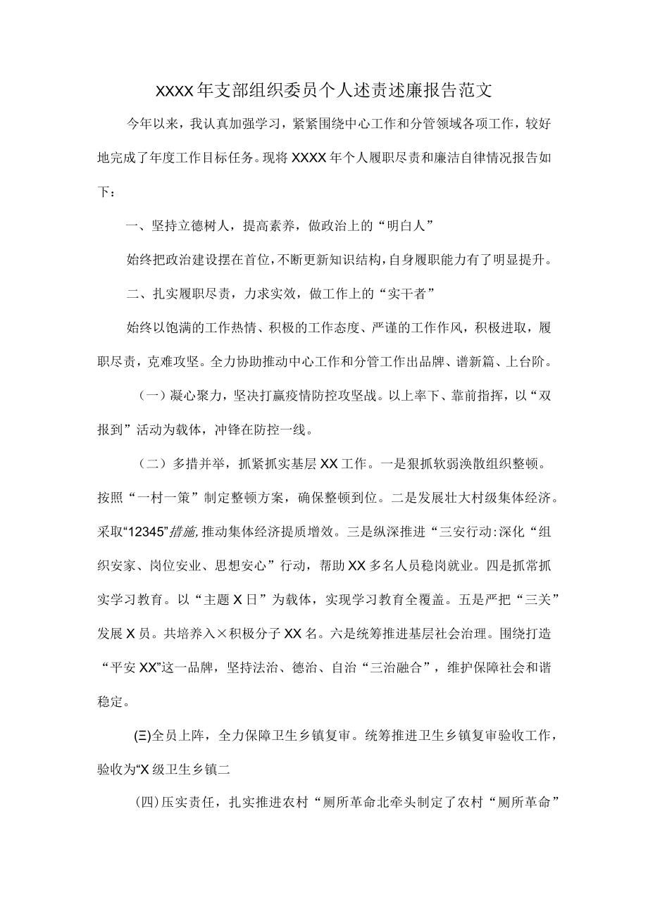 XXXX年支部组织委员个人述责述廉报告范文.docx_第1页