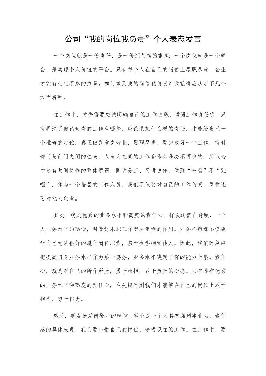 公司“我的岗位我负责”个人表态发言.docx_第1页