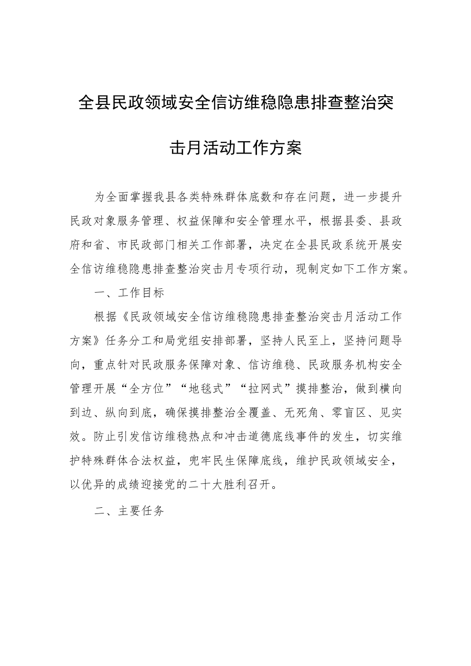 全县民政领域安全信访维稳隐患排查整治突击月活动工作方案.docx_第1页