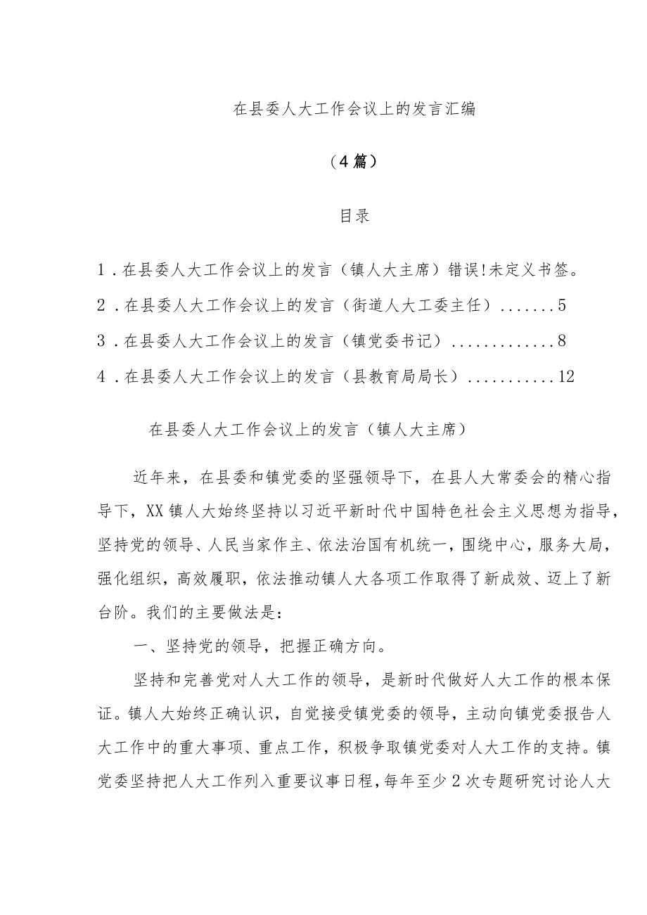 (4篇)在县委人大工作会议上的发言汇编.docx_第1页