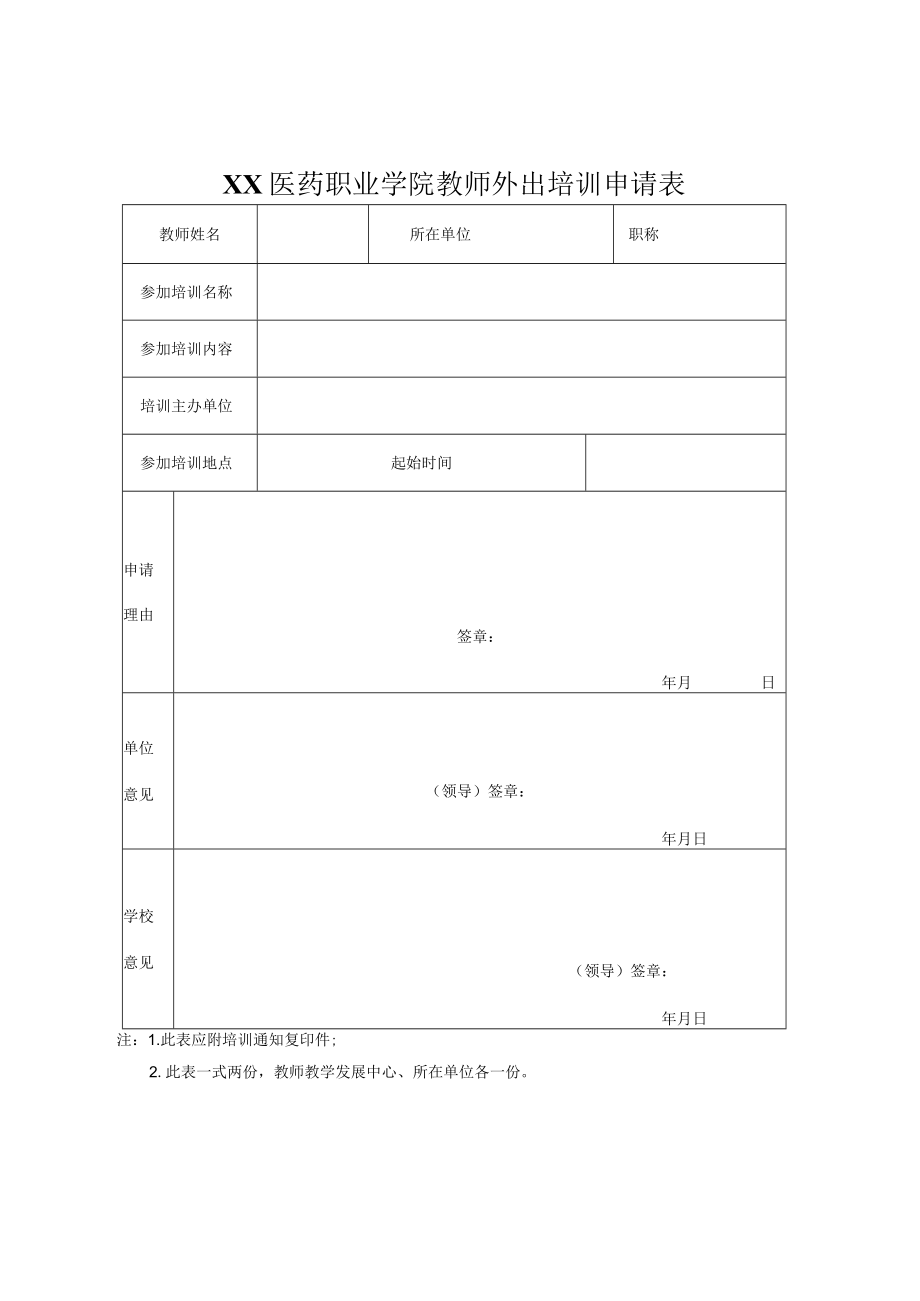 XX医药职业学院教师外出培训申请表.docx_第1页