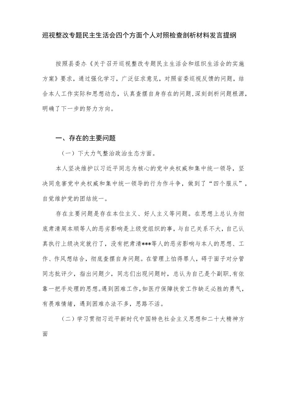 2022党员干部书记巡视整改专题民主生活会四个方面个人对照检查剖析材料发言提纲4篇.docx_第2页