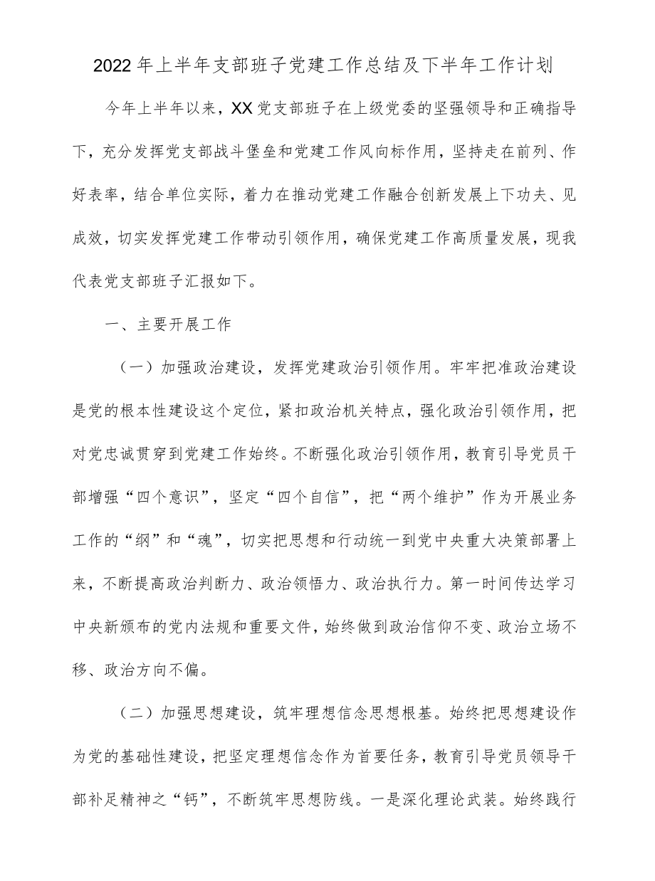 2022上半支部班子党建工作总结及下半工作计划(1).docx_第1页