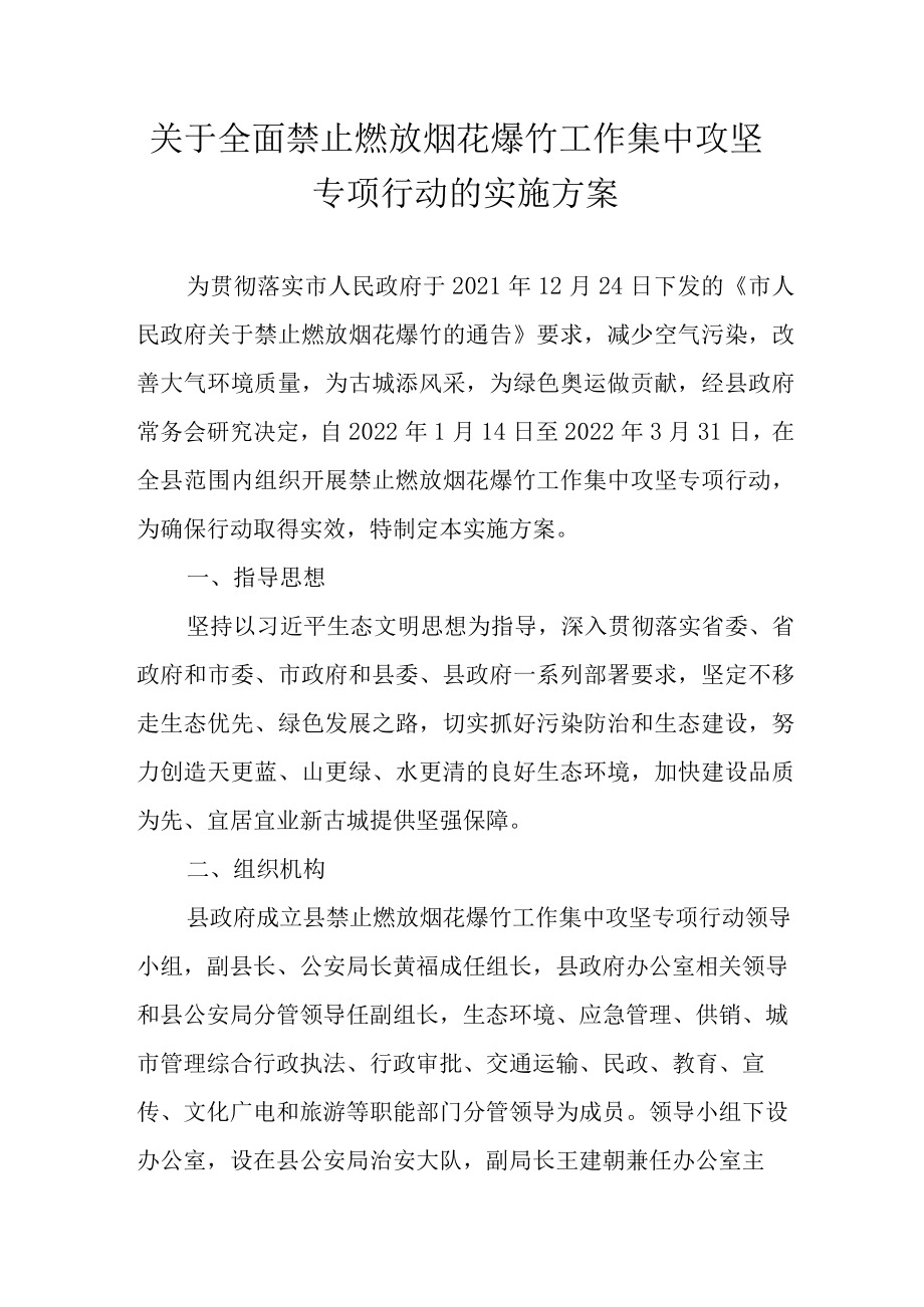 关于全面禁止燃放烟花爆竹工作集中攻坚专项行动的实施方案.docx_第1页