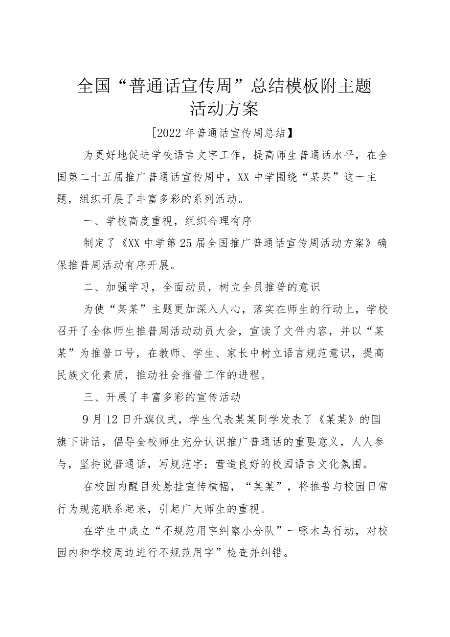 全国“普通话宣传周”总结模板附主题活动方案.docx_第1页