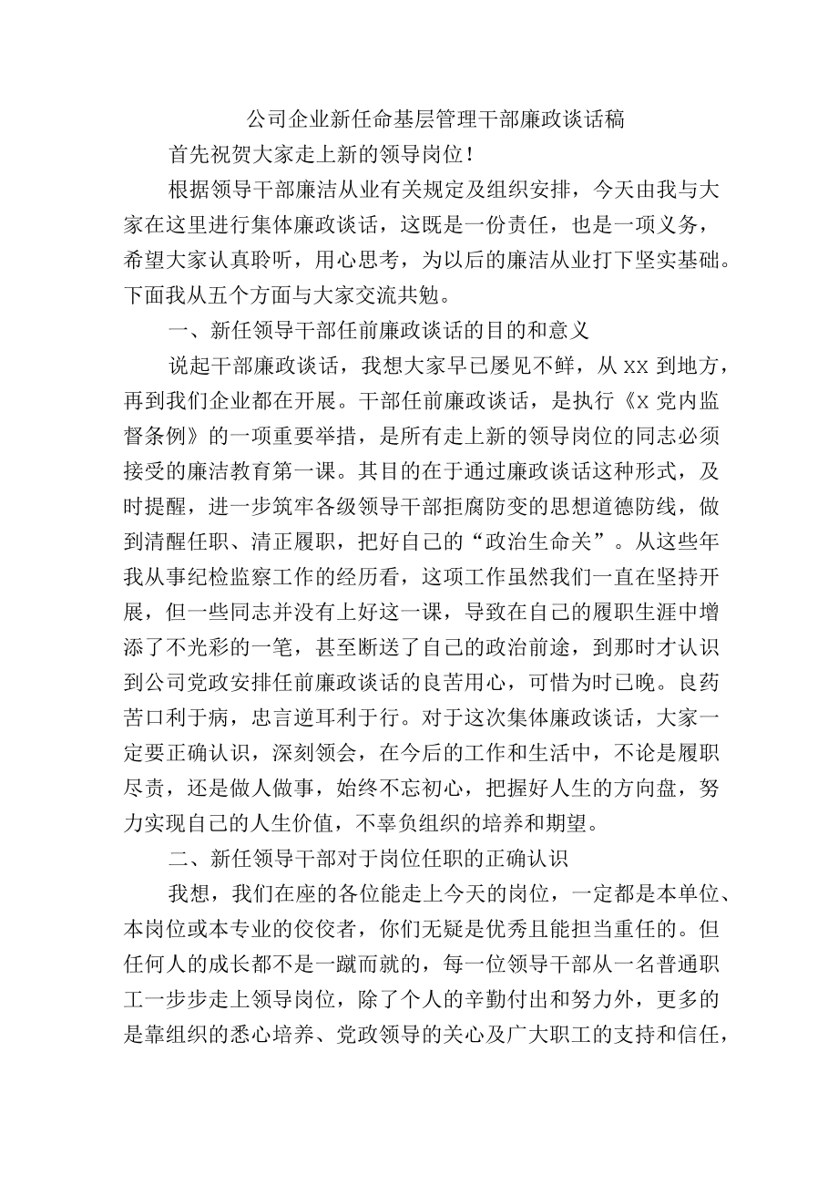 公司企业新任命基层管理干部廉政谈话稿.docx_第1页