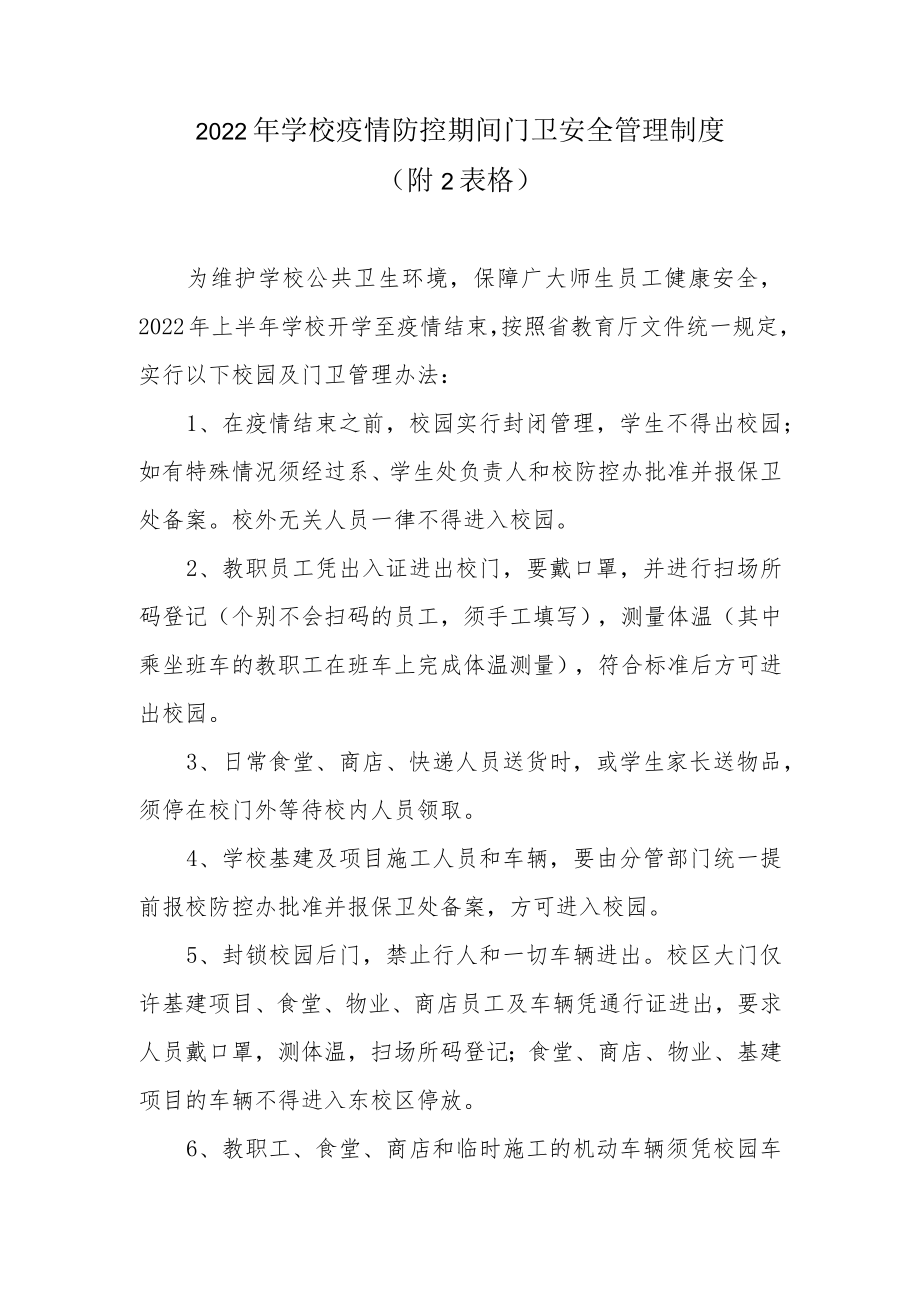 2022学校疫情防控期间门卫安全管理制度（附2表格）.docx_第1页