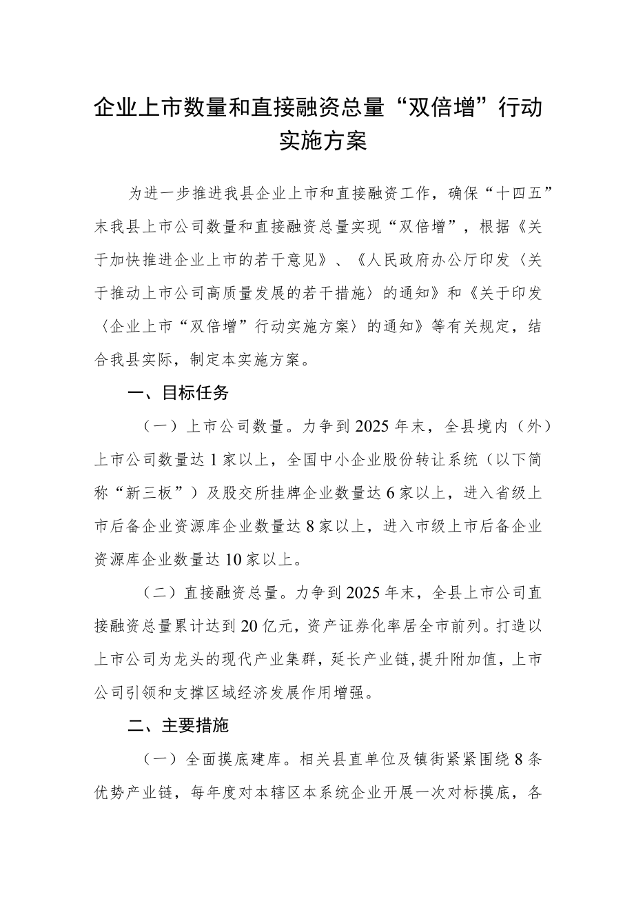 企业上市数量和直接融资总量“双倍增”行动实施方案.docx_第1页