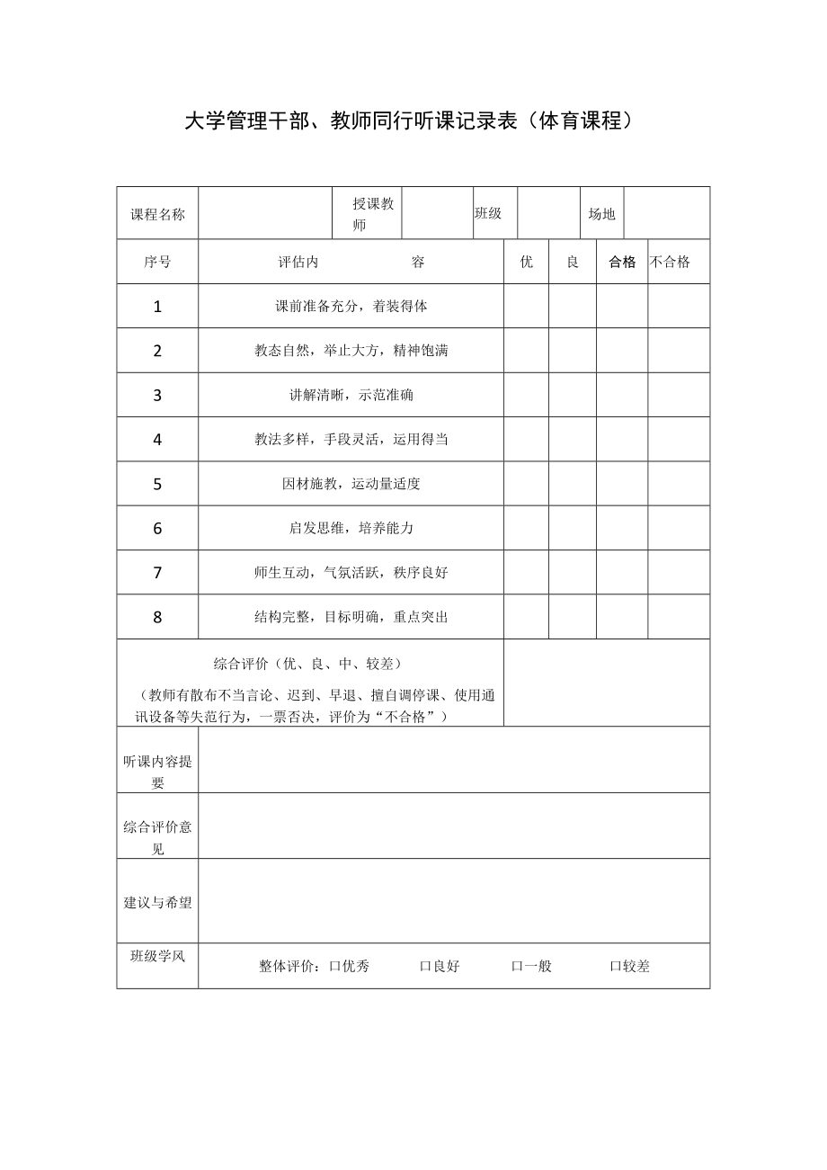 大学管理干部、教师同行听课记录表(体育课程).docx_第1页