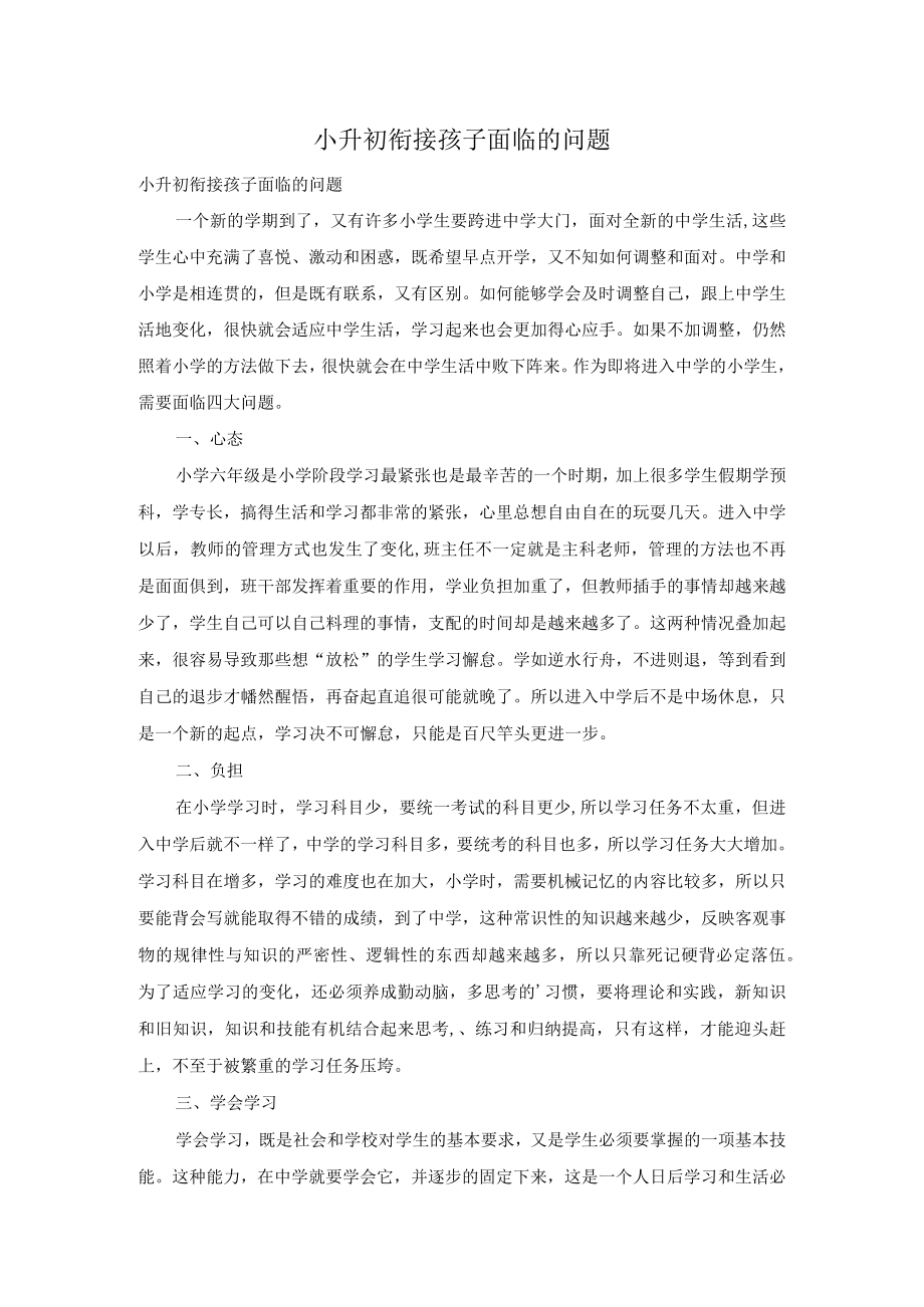 小升初衔接孩子面临的问题.docx_第1页