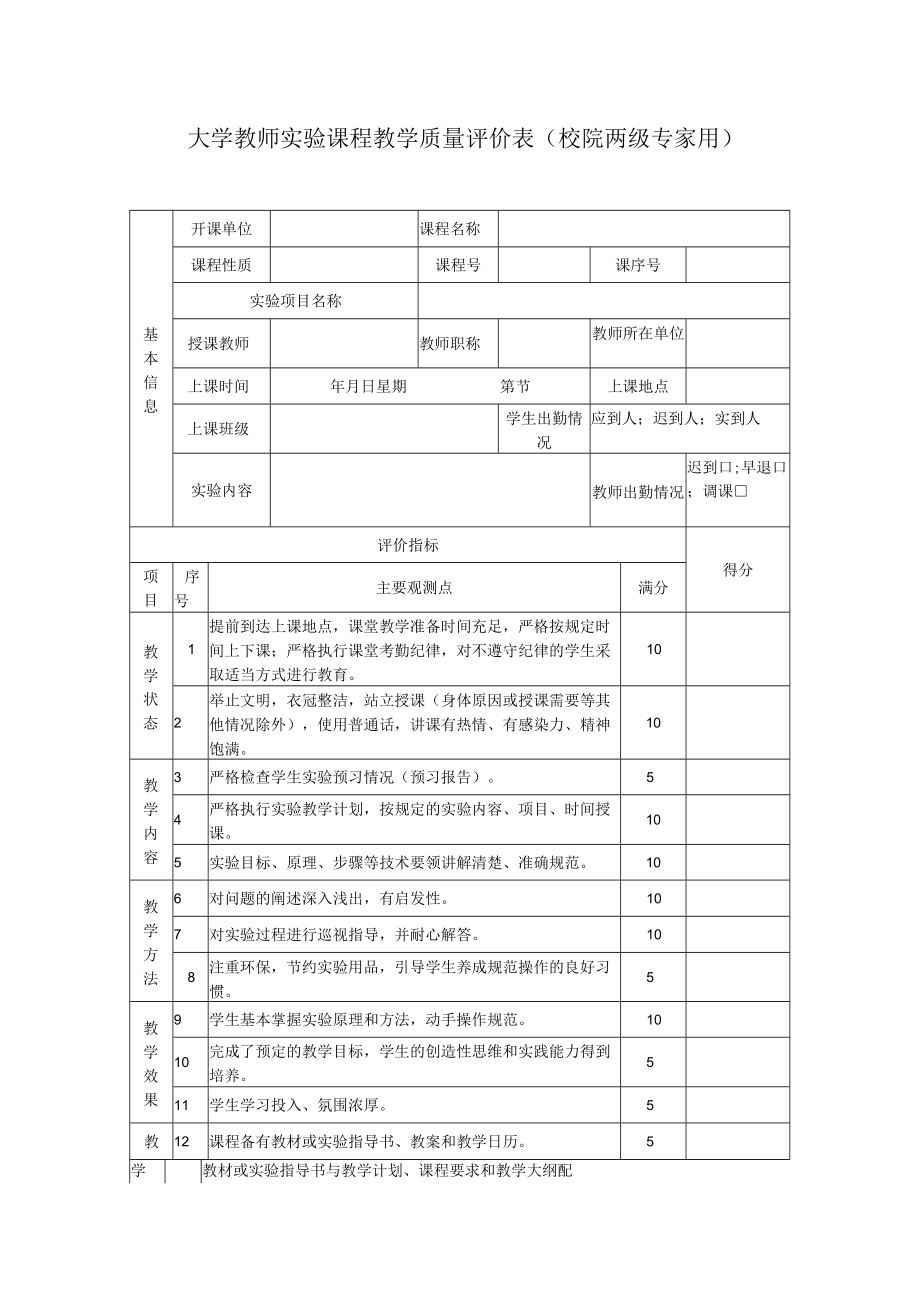 大学教师实验课程教学质量评价表（校院两级专家用）.docx_第1页