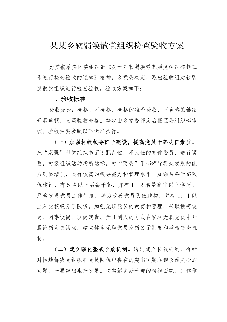 某某乡软弱涣散党组织检查验收方案.docx_第1页