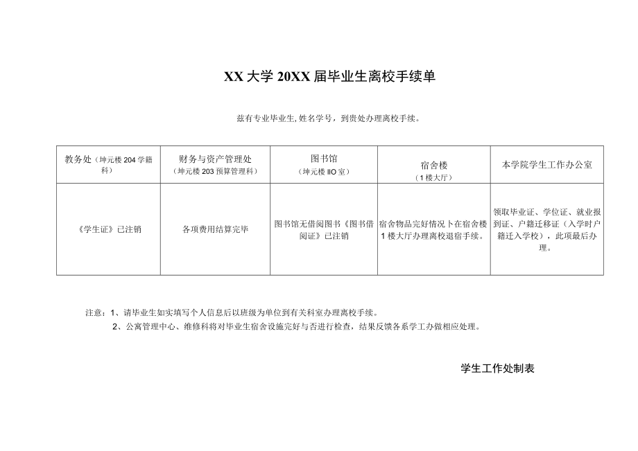 XX大学20XX届毕业生离校手续单.docx_第1页