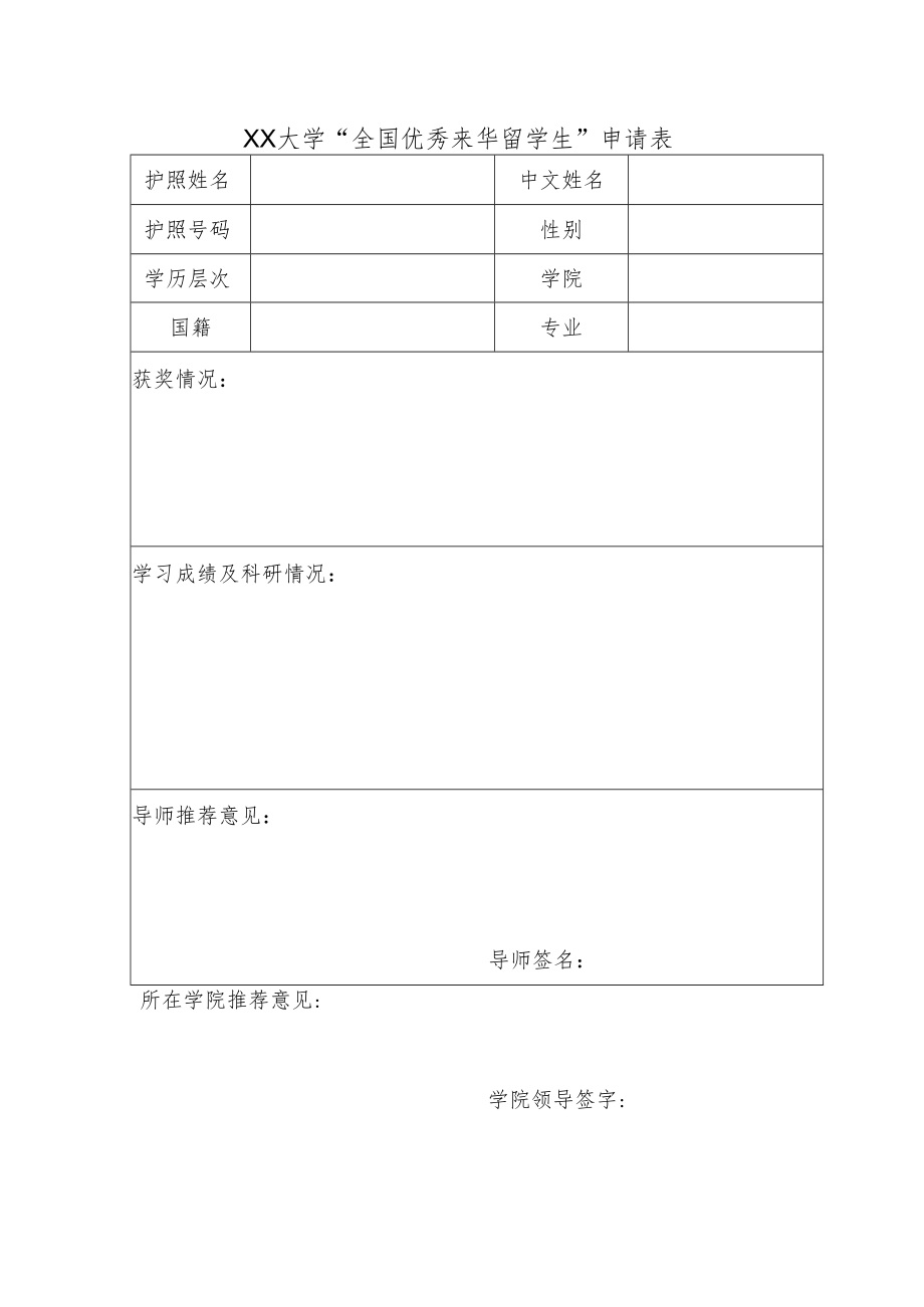 XX大学“全国优秀来华留学生”申请表.docx_第1页