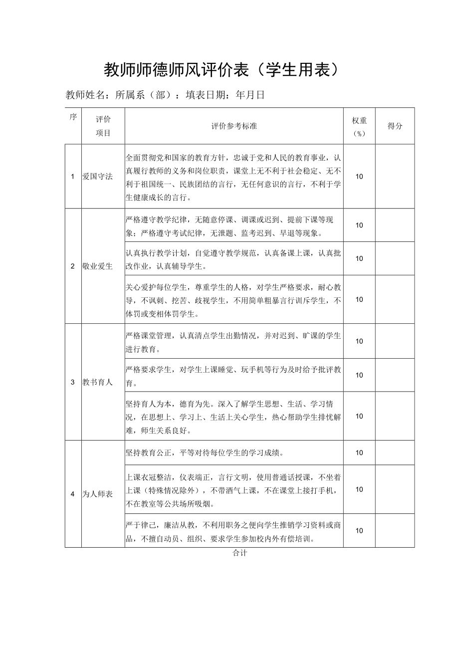 教师师德师风评价表（学生用表）.docx_第1页