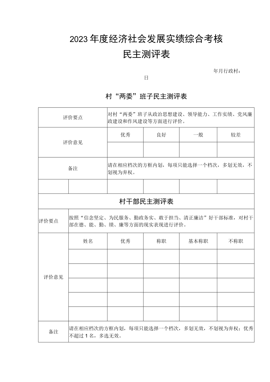 2023年度经济社会发展实绩综合考核民主测评表.docx_第1页