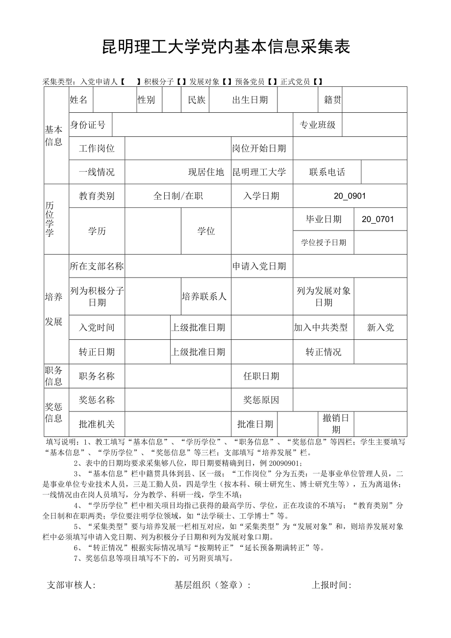 昆明理工大学党内基本信息采集表.docx_第1页