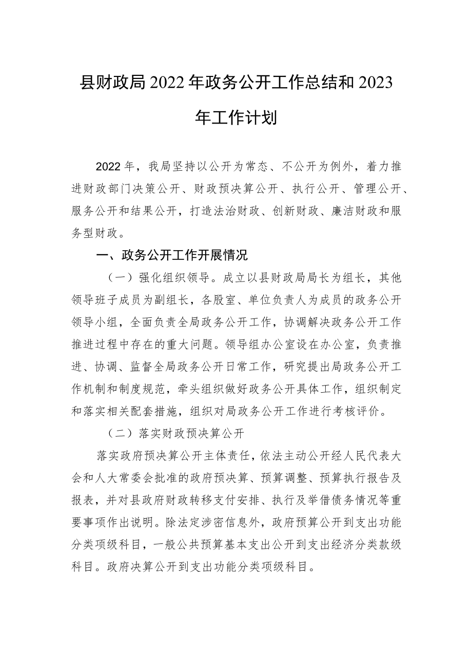 县财政局2022年政务公开工作总结和2023年工作计划.docx_第1页