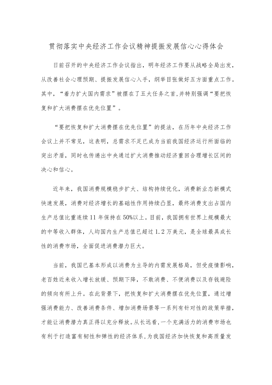 贯彻落实中央经济工作会议精神提振发展信心心得体会.docx_第1页