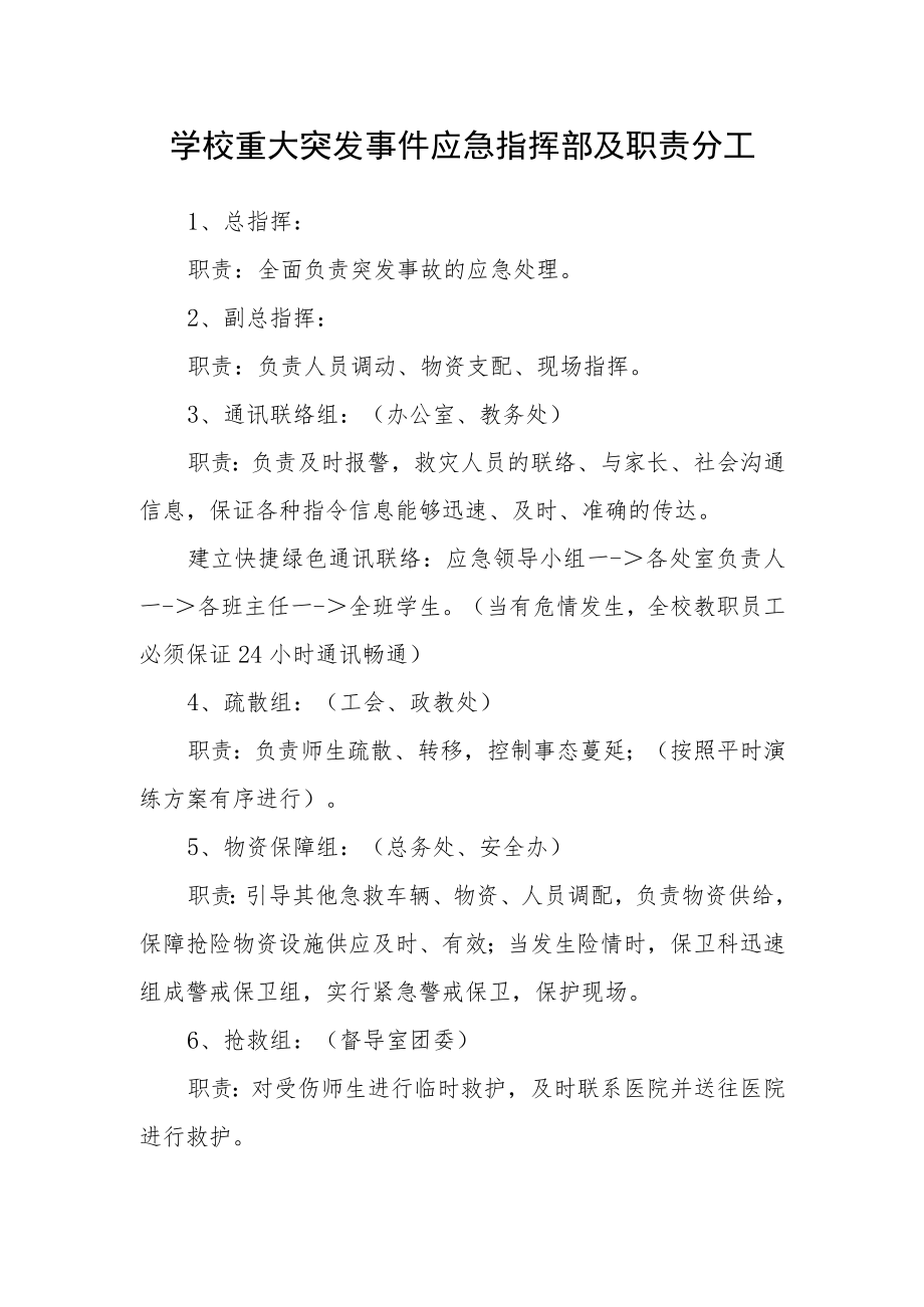 学校重大突发事件应急指挥部及职责分工.docx_第1页