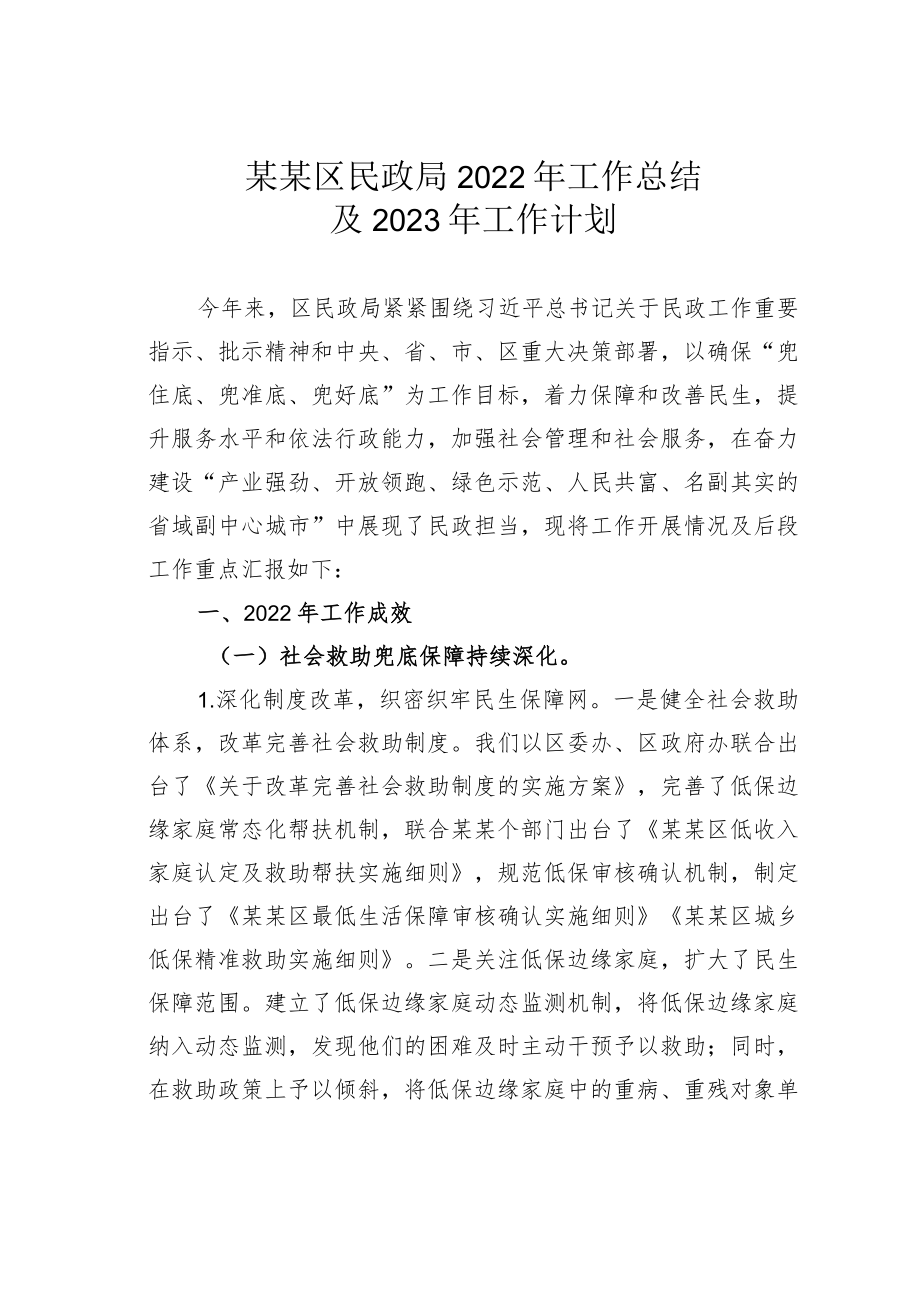 某区民政局2022年工作总结及2023年工作计划.docx_第1页