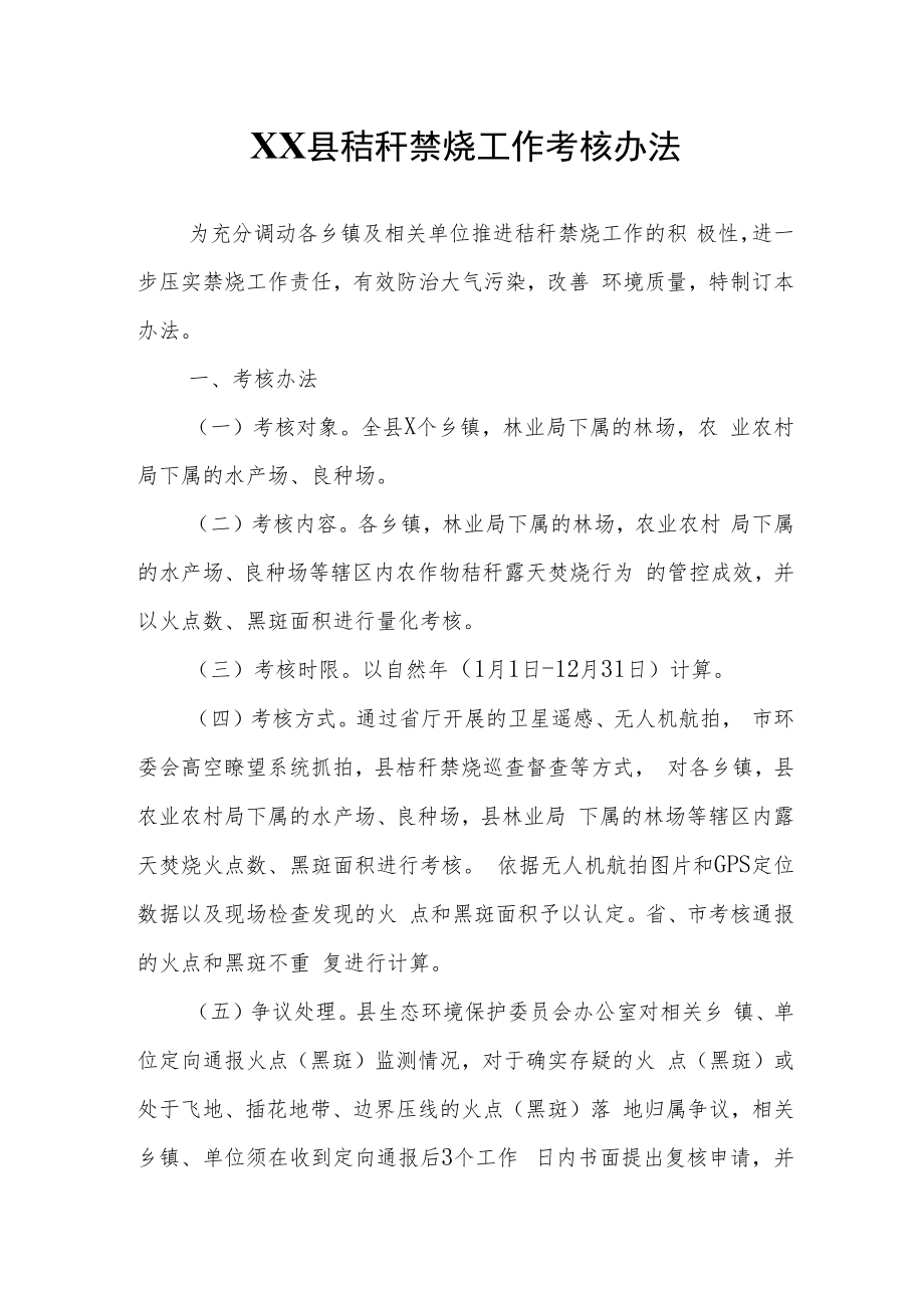 XX县秸秆禁烧工作考核办法.docx_第1页