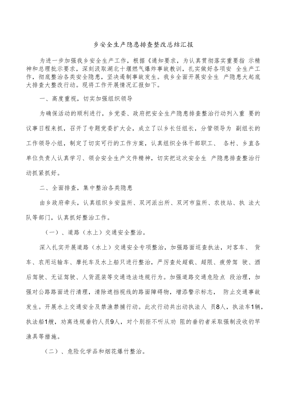 乡安全生产隐患排查整改总结汇报.docx_第1页