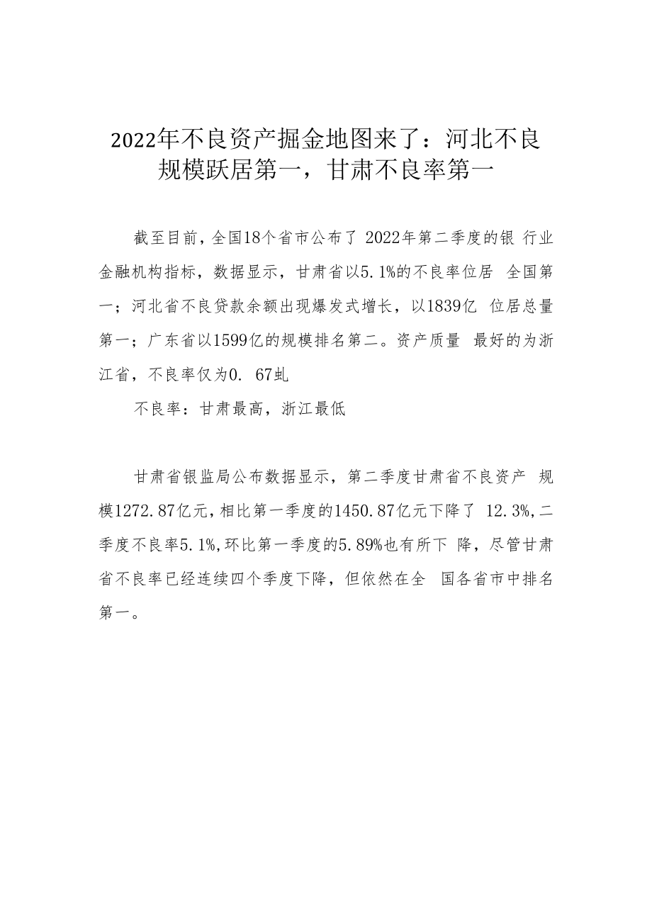 2022年不良资产掘金地图来了：河北不良规模跃居第一甘肃不良率第一.docx_第1页