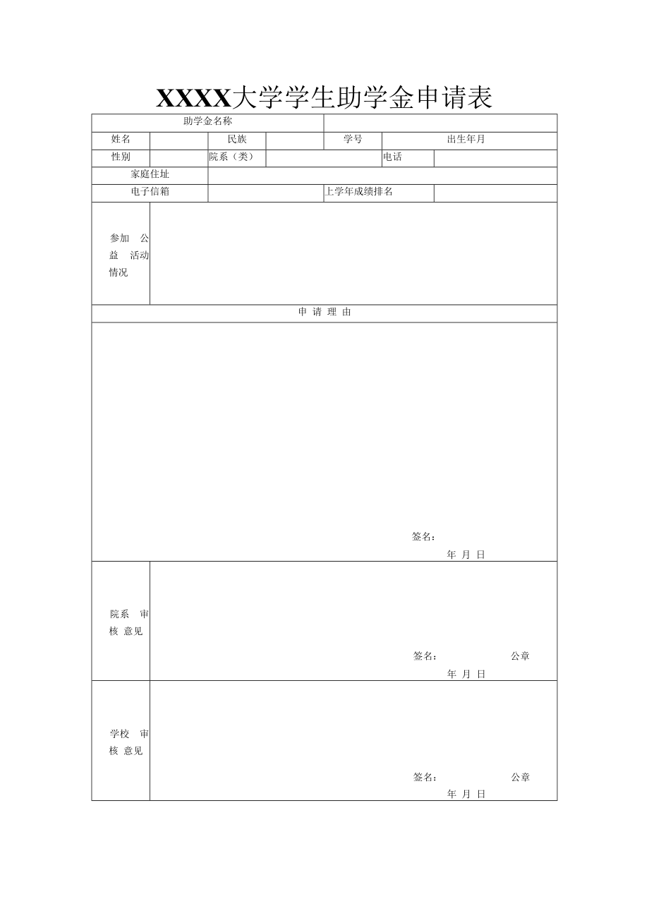 XXXX大学学生助学金申请表.docx_第1页