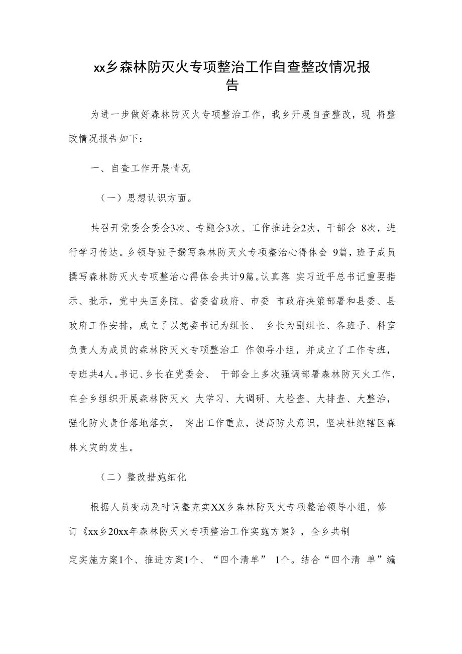 xx乡森林防灭火专项整治工作自查整改情况报告.docx_第1页