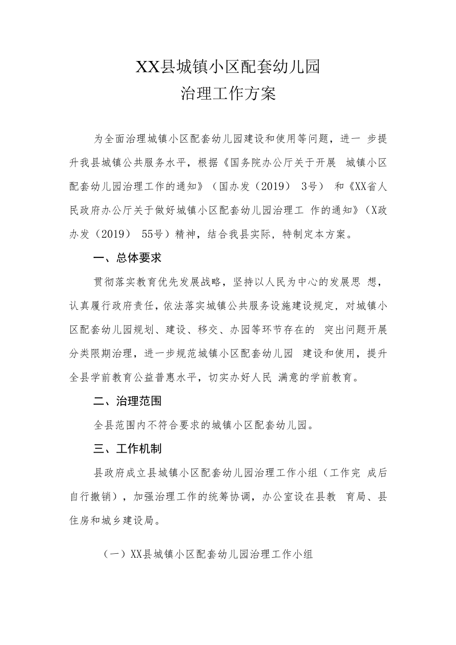 XX县城镇小区配套幼儿园治理工作方案.docx_第1页