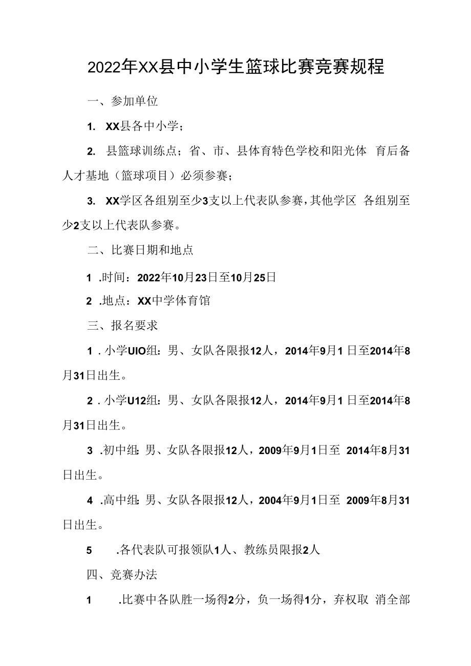 2022年XX县中小学生篮球比赛竞赛规程.docx_第1页