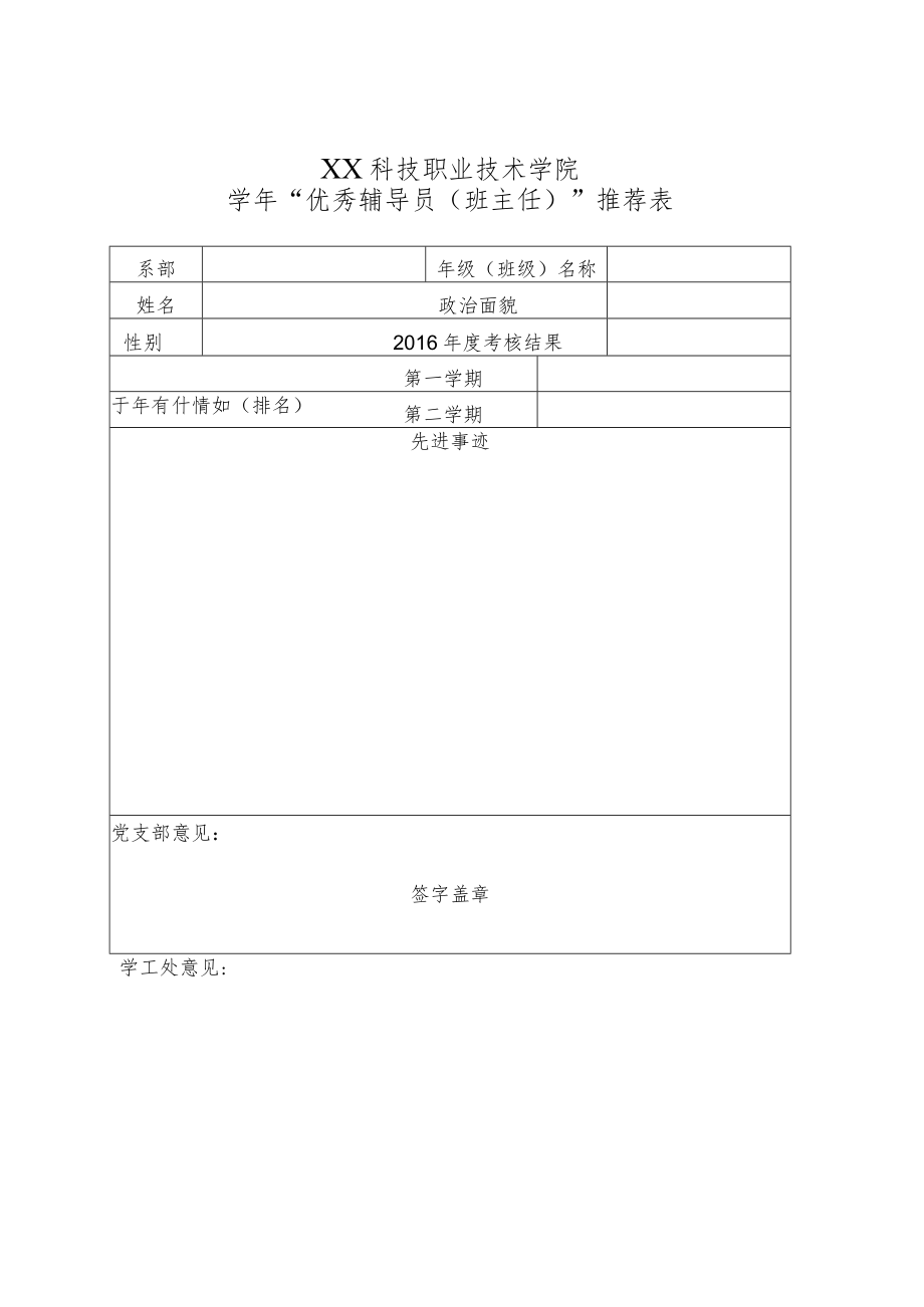 XX科技职业技术学院 X学年“优秀辅导员（班主任）”推荐表.docx_第1页