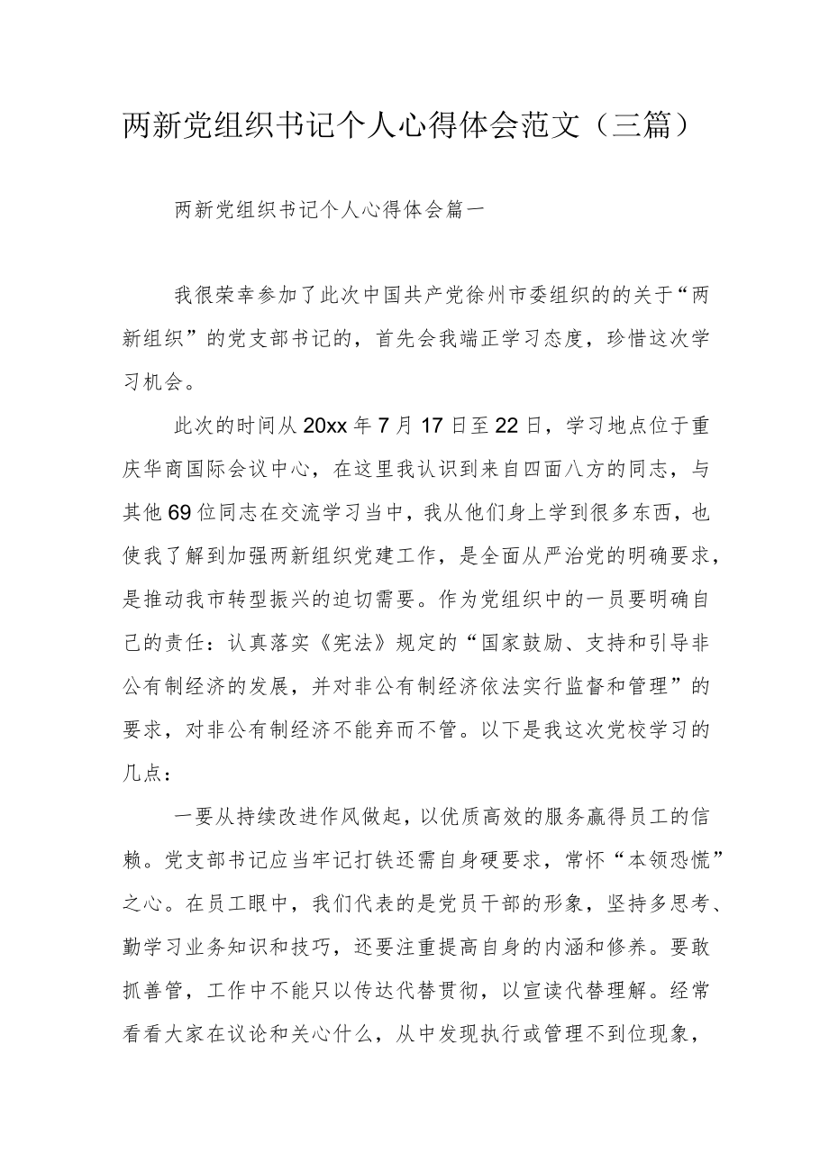 两新党组织书记个人心得体会范文（三篇）.docx_第1页