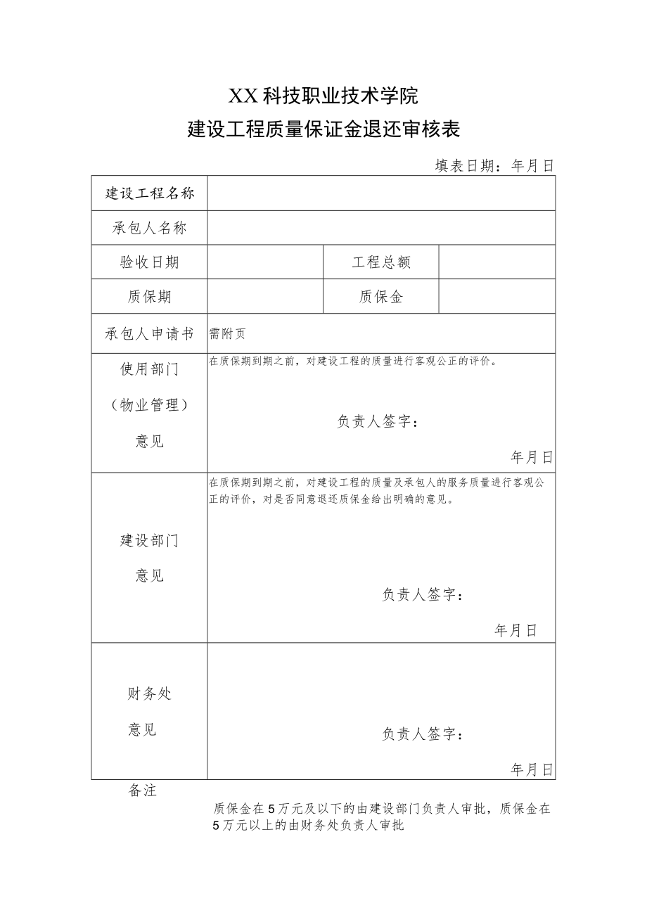 XX科技职业技术学院建设工程质量保证金退还审核表.docx_第1页