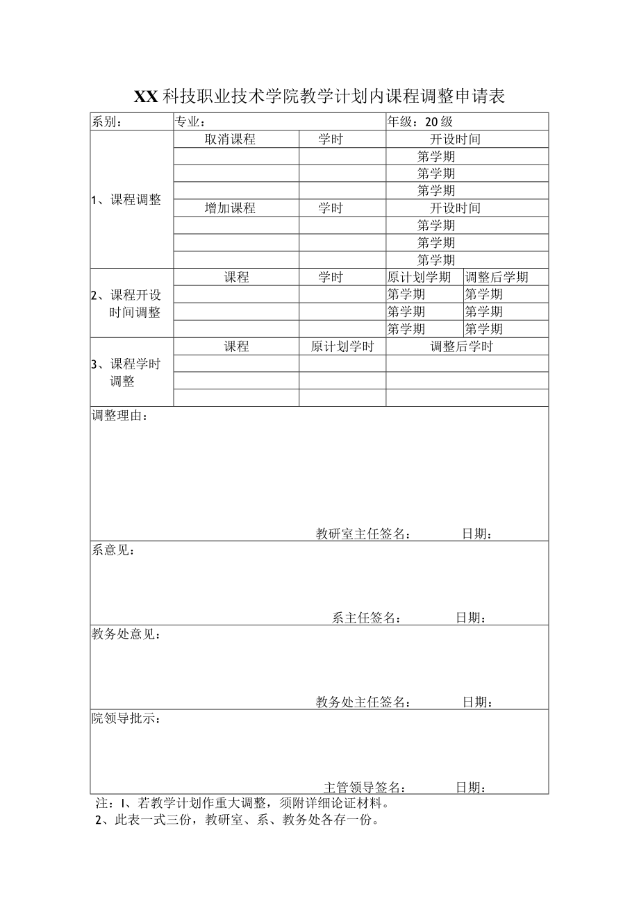 XX科技职业技术学院教学计划内课程调整申请表.docx_第1页