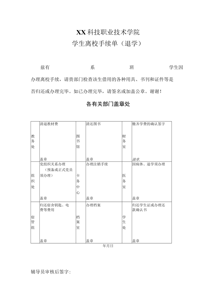 XX科技职业技术学院学生离校手续单（退学）.docx_第1页