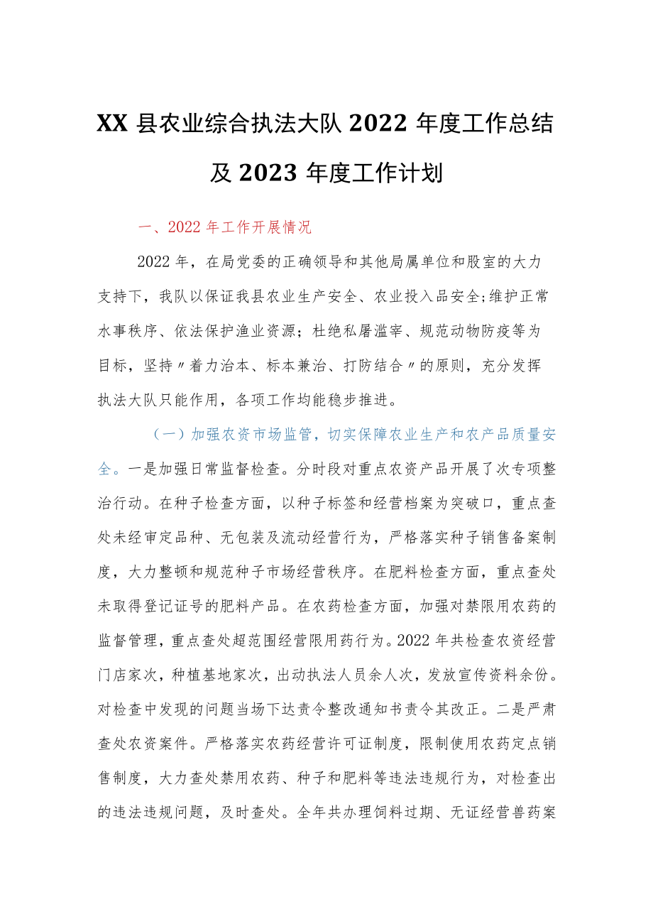 县农业综合执法大队2022年度工作总结及2023年度工作计划.docx_第1页