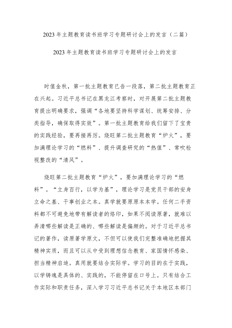 2023年主题教育读书班学习专题研讨会上的发言(二篇).docx_第1页