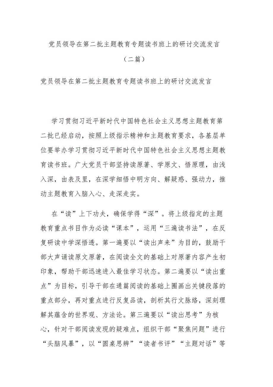 党员领导在第二批主题教育专题读书班上的研讨交流发言(二篇).docx_第1页