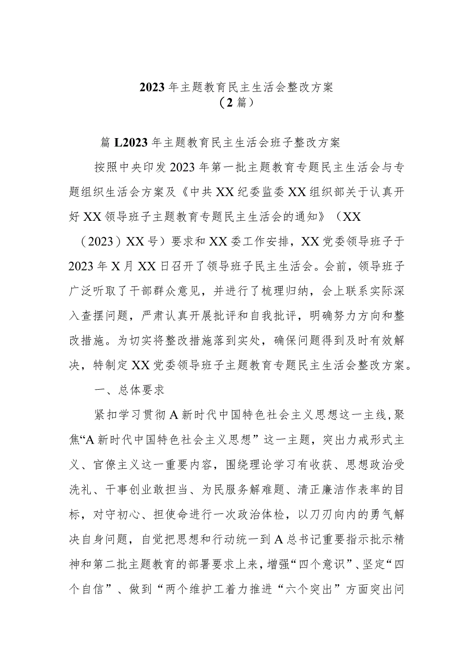 (2篇) 2023年主题教育民主生活会整改方案.docx_第1页