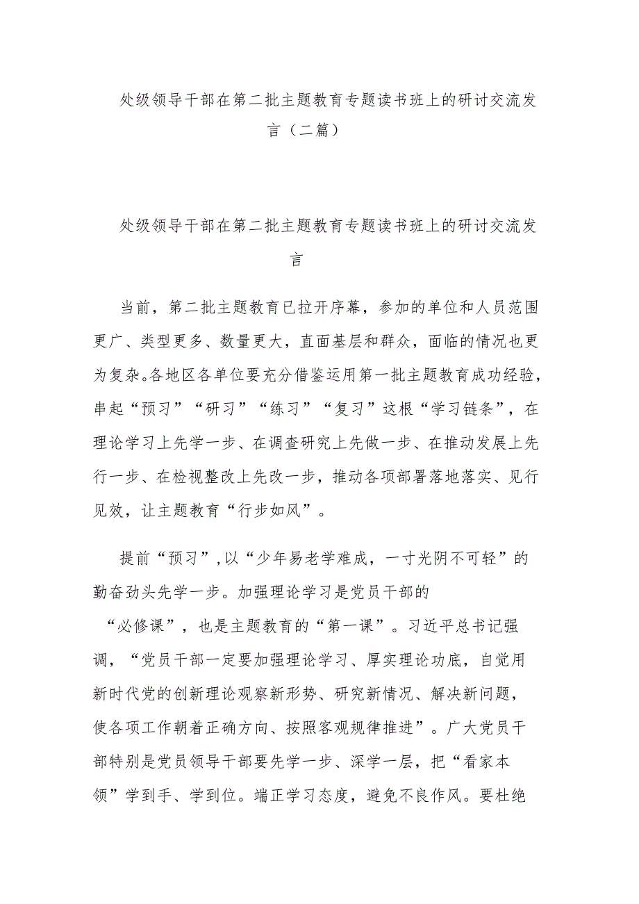 处级领导干部在第二批主题教育专题读书班上的研讨交流发言(二篇).docx_第1页