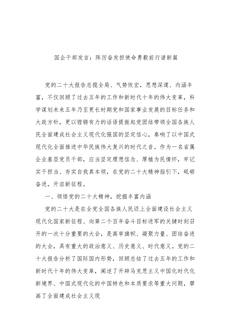 2篇国企干部发言：踔厉奋发担使命勇毅前行谱新篇.docx_第1页