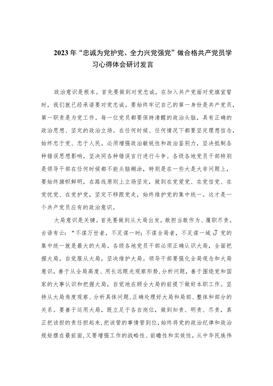 2023年“忠诚为党护党、全力兴党强党”做合格共产党员学习心得体会研讨发言（10篇）.docx_第1页