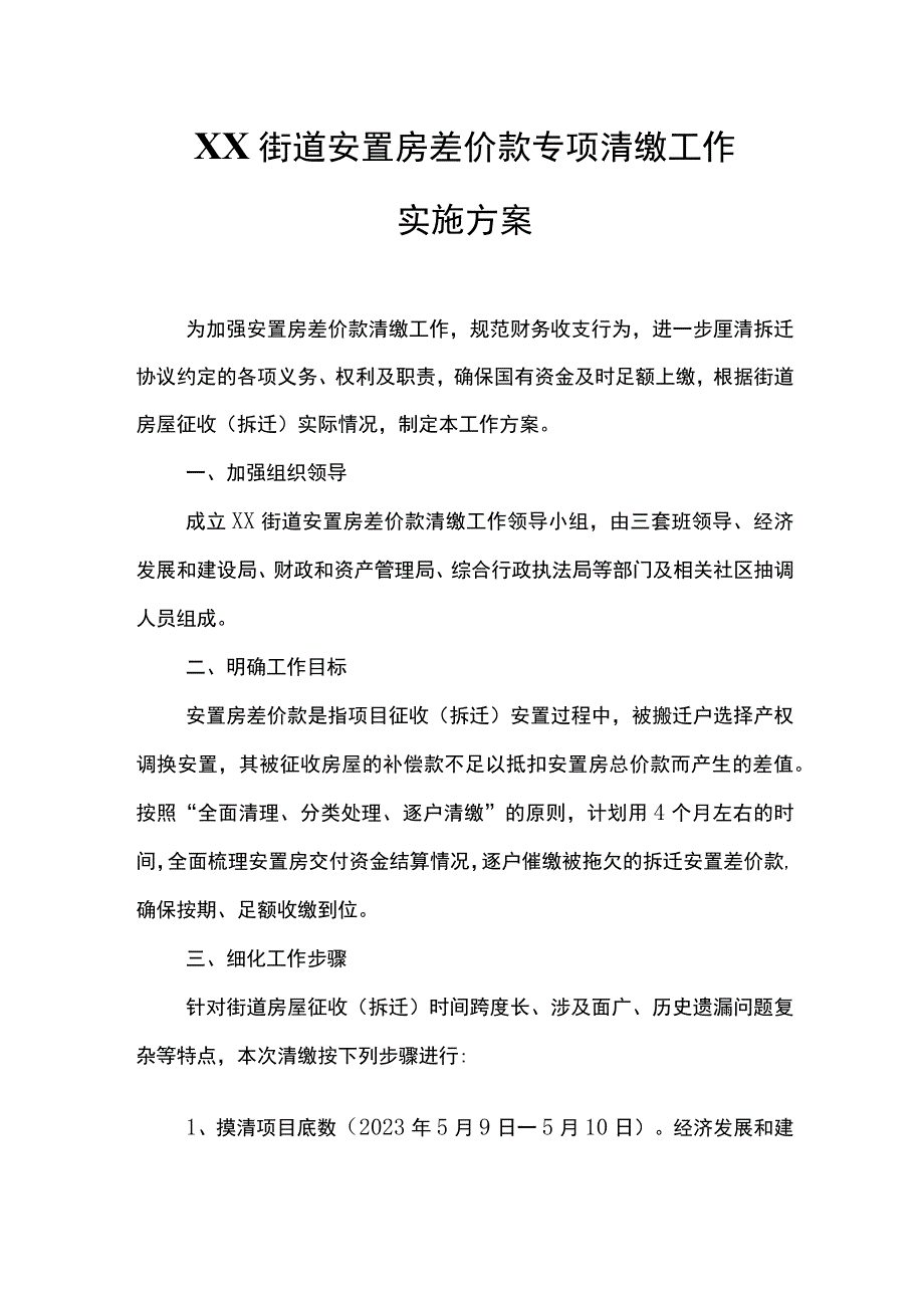 XX街道安置房差价款专项清缴工作实施方案.docx_第1页